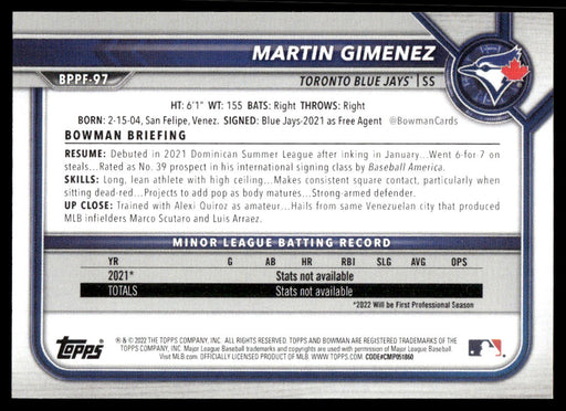 Martin Gimenez 2022 Bowman First Edition Base Back of Card