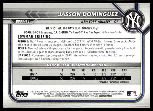 Jasson Dominguez 2022 Bowman First Edition Base Back of Card