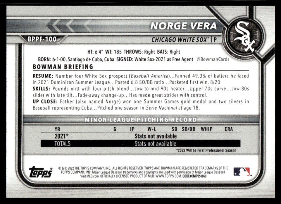 Norge Vera 2022 Bowman First Edition Base Back of Card