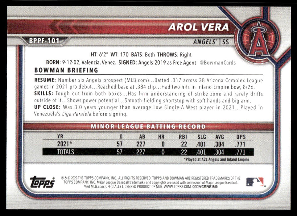 Arol Vera 2022 Bowman First Edition Base Back of Card