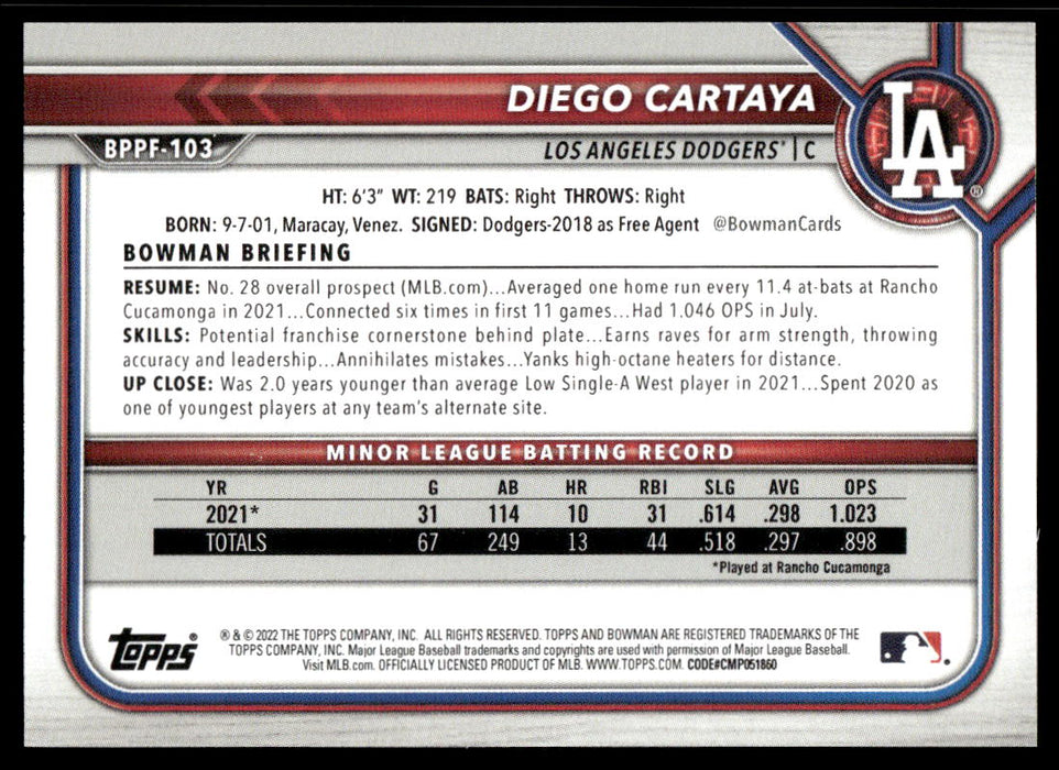 Diego Cartaya 2022 Bowman First Edition Base Back of Card