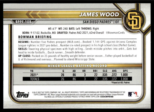 James Wood 2022 Bowman First Edition Base Back of Card