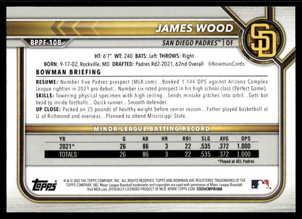 James Wood 2022 Bowman First Edition Base Back of Card