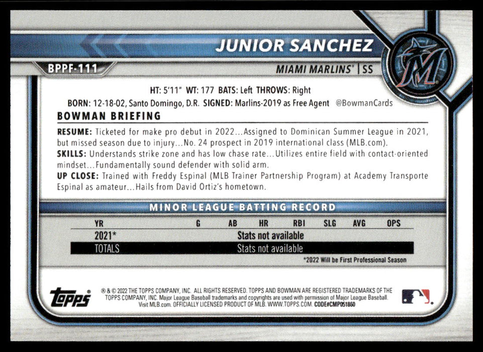 Junior Sanchez 2022 Bowman First Edition Base Back of Card