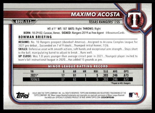 Maximo Acosta 2022 Bowman First Edition Base Back of Card