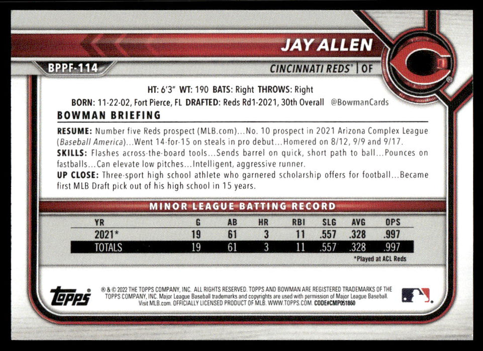 Jay Allen 2022 Bowman First Edition Base Back of Card