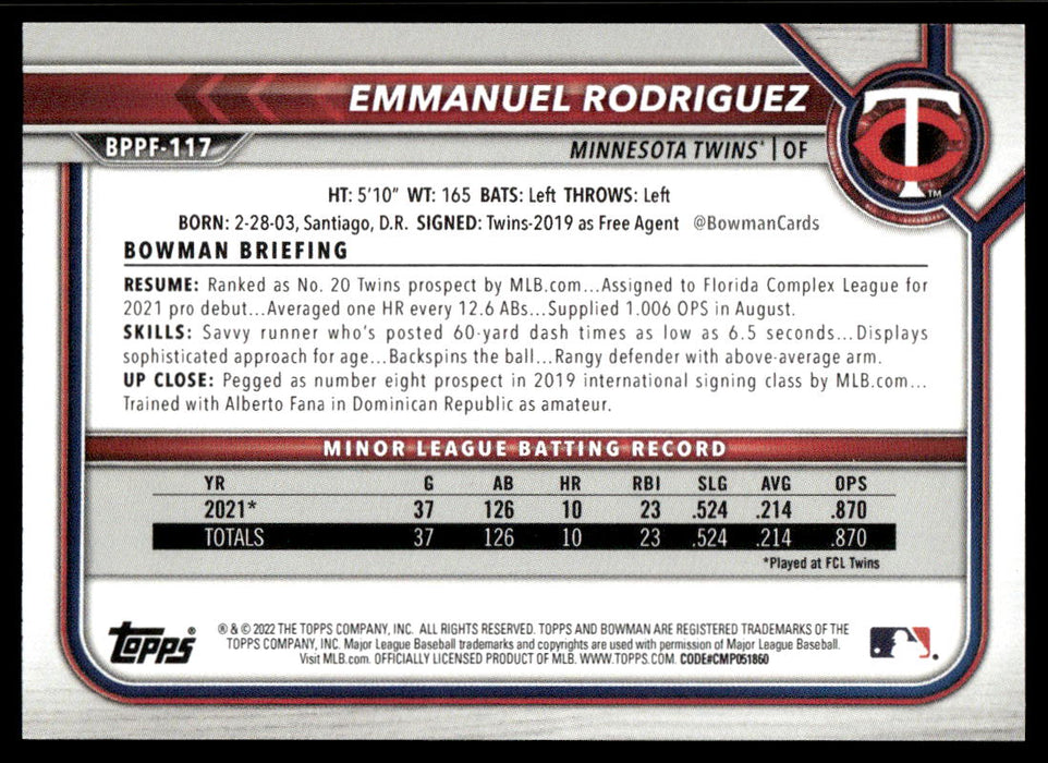 Emmanuel Rodriguez 2022 Bowman First Edition Base Back of Card