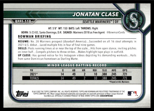 Jonatan Clase 2022 Bowman First Edition Base Back of Card