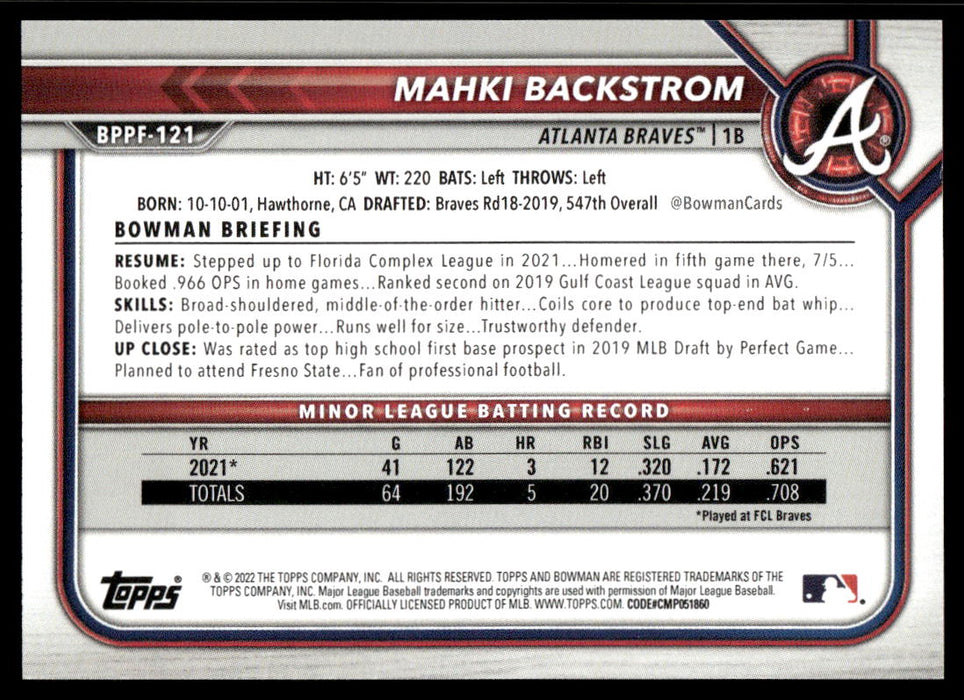 Mahki Backstrom 2022 Bowman First Edition Base Back of Card