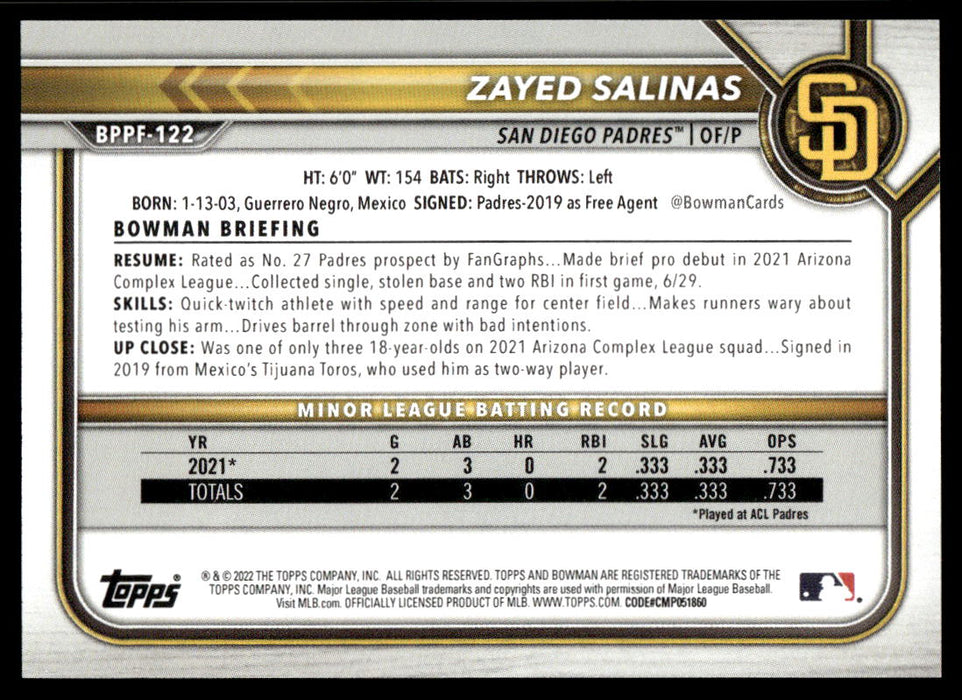 Zayed Salinas 2022 Bowman First Edition Base Back of Card