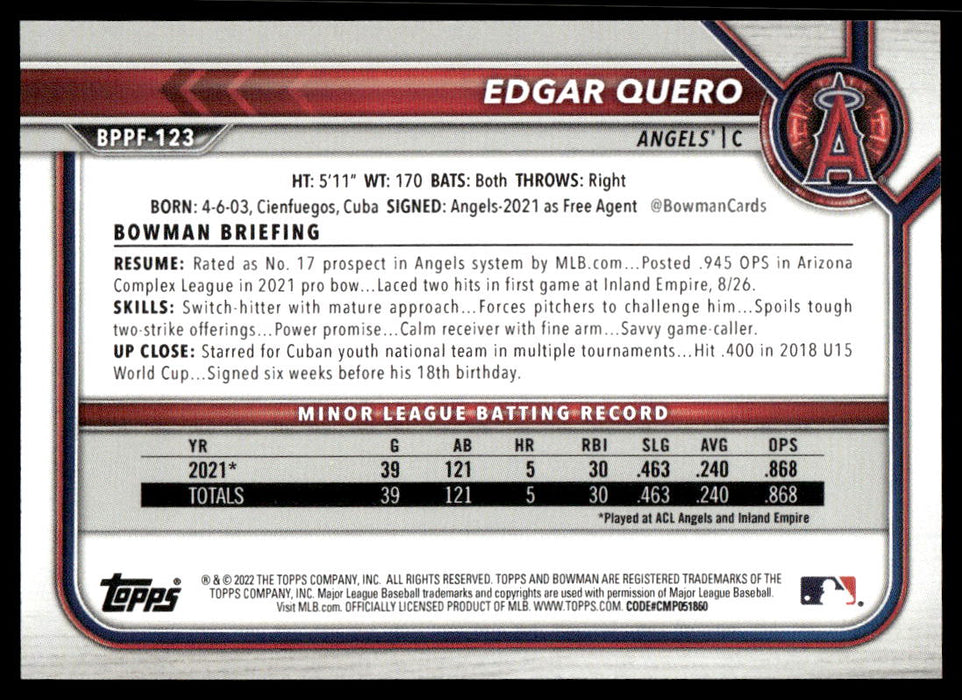 Edgar Quero 2022 Bowman First Edition Base Back of Card