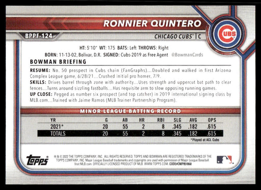 Ronnier Quintero 2022 Bowman First Edition Base Back of Card