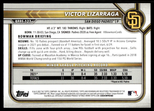 Victor Lizarraga 2022 Bowman First Edition Base Back of Card