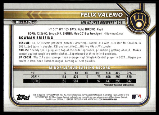 Felix Valerio 2022 Bowman First Edition Base Back of Card