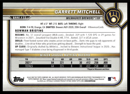 Garrett Mitchell 2022 Bowman First Edition Base Back of Card