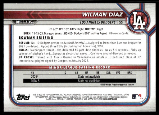 Wilman Diaz 2022 Bowman First Edition Base Back of Card