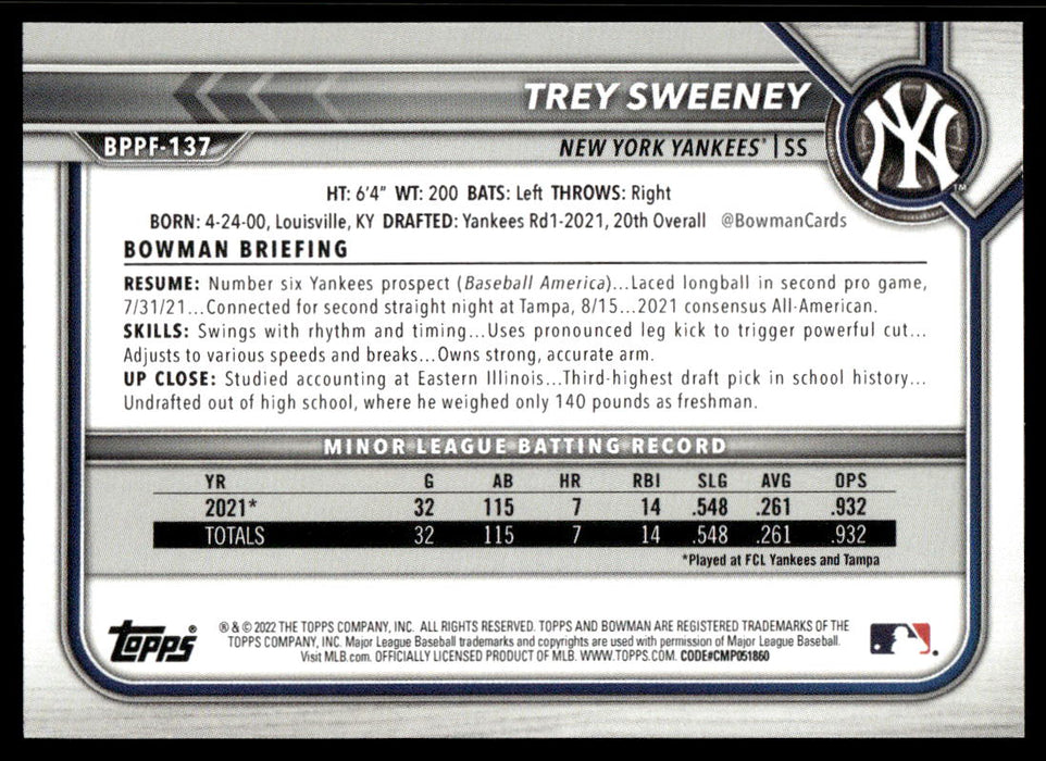 Trey Sweeney 2022 Bowman First Edition Base Back of Card