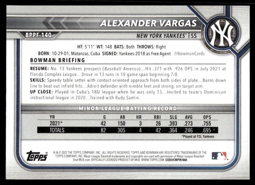 Alexander Vargas 2022 Bowman First Edition Base Back of Card