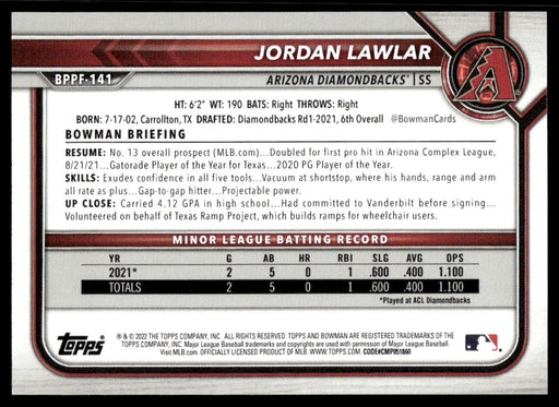 Jordan Lawlar 2022 Bowman First Edition Base Back of Card