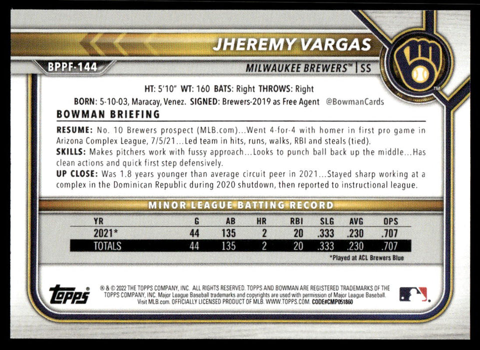 Jheremy Vargas 2022 Bowman First Edition Base Back of Card