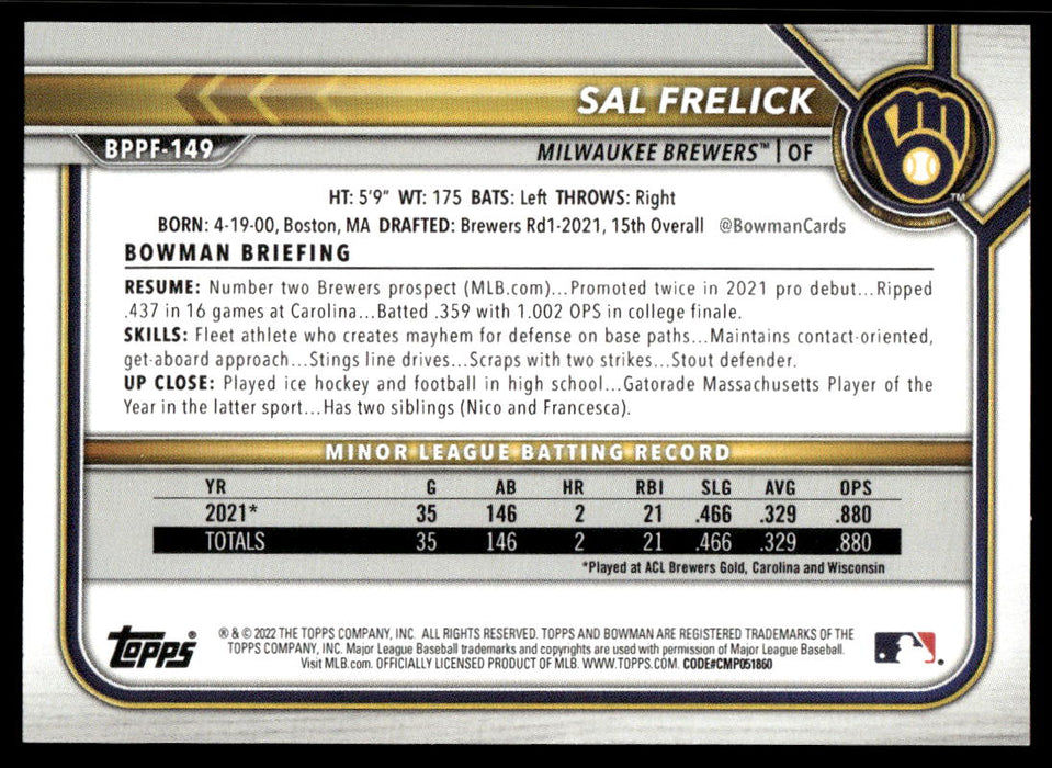 Sal Frelick 2022 Bowman First Edition Base Back of Card