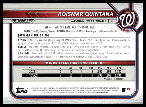 Roismar Quintana 2022 Bowman First Edition Sky Blue Back of Card