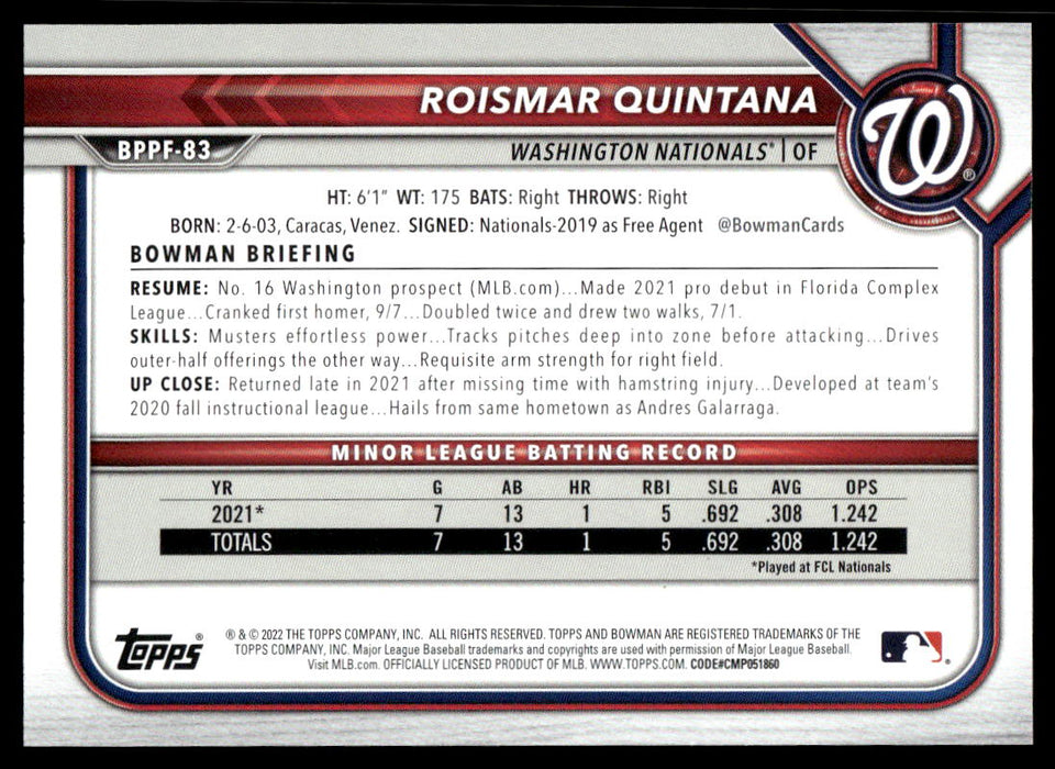 Roismar Quintana 2022 Bowman First Edition Sky Blue Back of Card