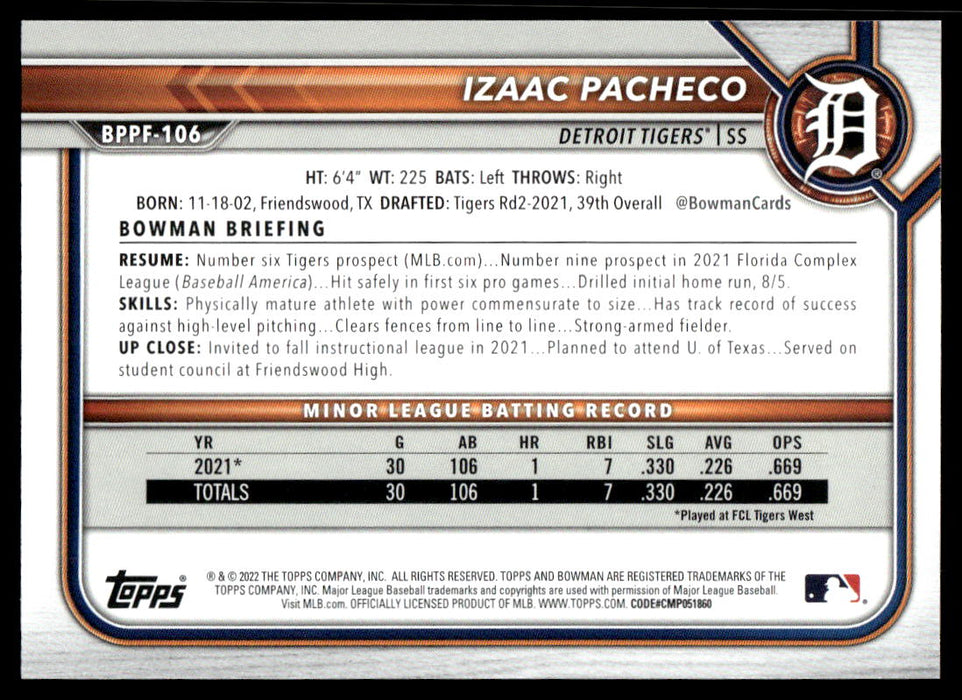 Izaac Pacheco 2022 Bowman First Edition Sky Blue Back of Card