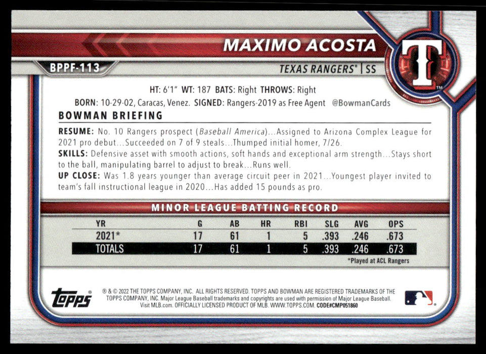 Maximo Acosta 2022 Bowman First Edition Sky Blue Back of Card