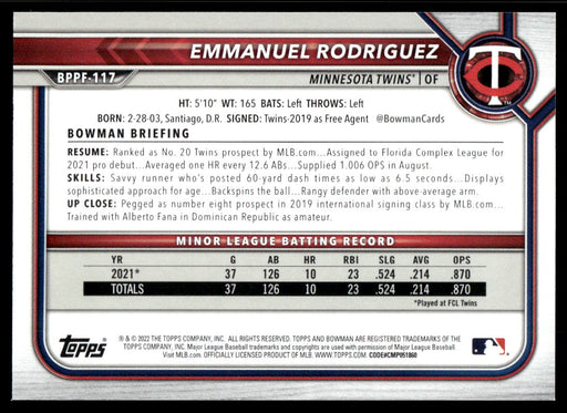 Emmanuel Rodriguez 2022 Bowman First Edition Sky Blue Back of Card