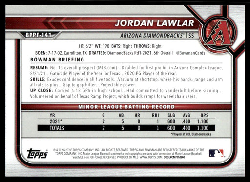 Jordan Lawlar 2022 Bowman First Edition Blue Foil Back of Card