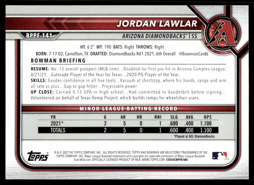 Jordan Lawlar 2022 Bowman First Edition Blue Foil Back of Card