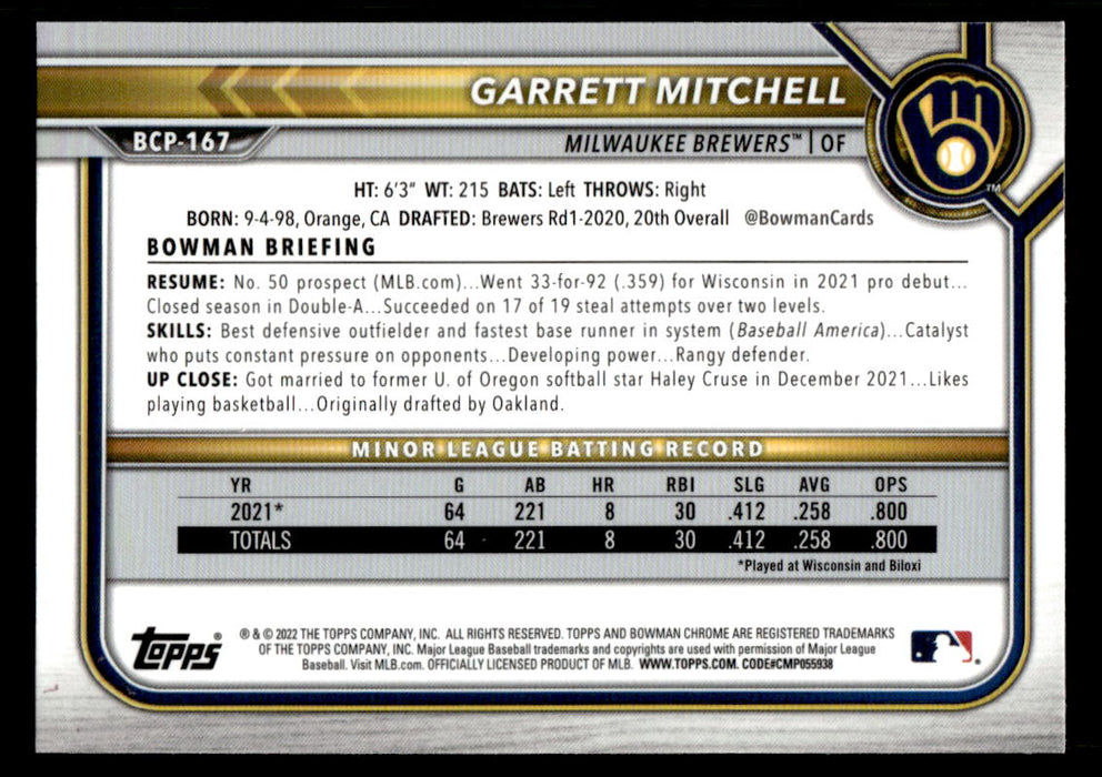 Garrett Mitchell 2022 Bowman Chrome Prospects Mega Box Back of Card