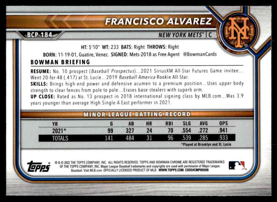 Francisco Alvarez 2022 Bowman Chrome Prospects Mega Box Back of Card