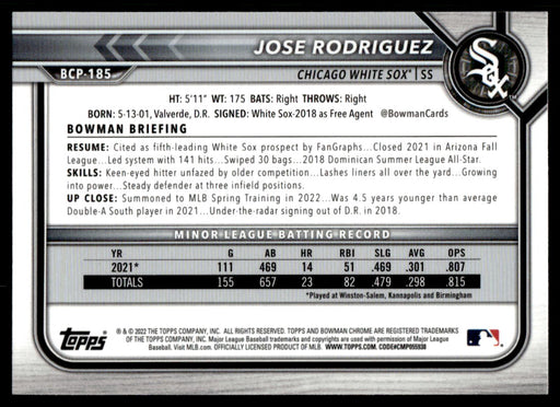 Jose Rodriguez 2022 Bowman Chrome Prospects Mega Box Back of Card