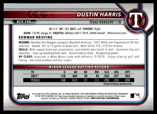 Dustin Harris 2022 Bowman Chrome Prospects Mega Box Back of Card