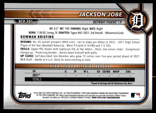 Jackson Jobe 2022 Bowman Chrome Prospects Mega Box Back of Card