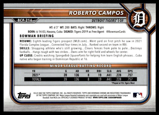 Roberto Campos 2022 Bowman Chrome Prospects Mega Box Back of Card