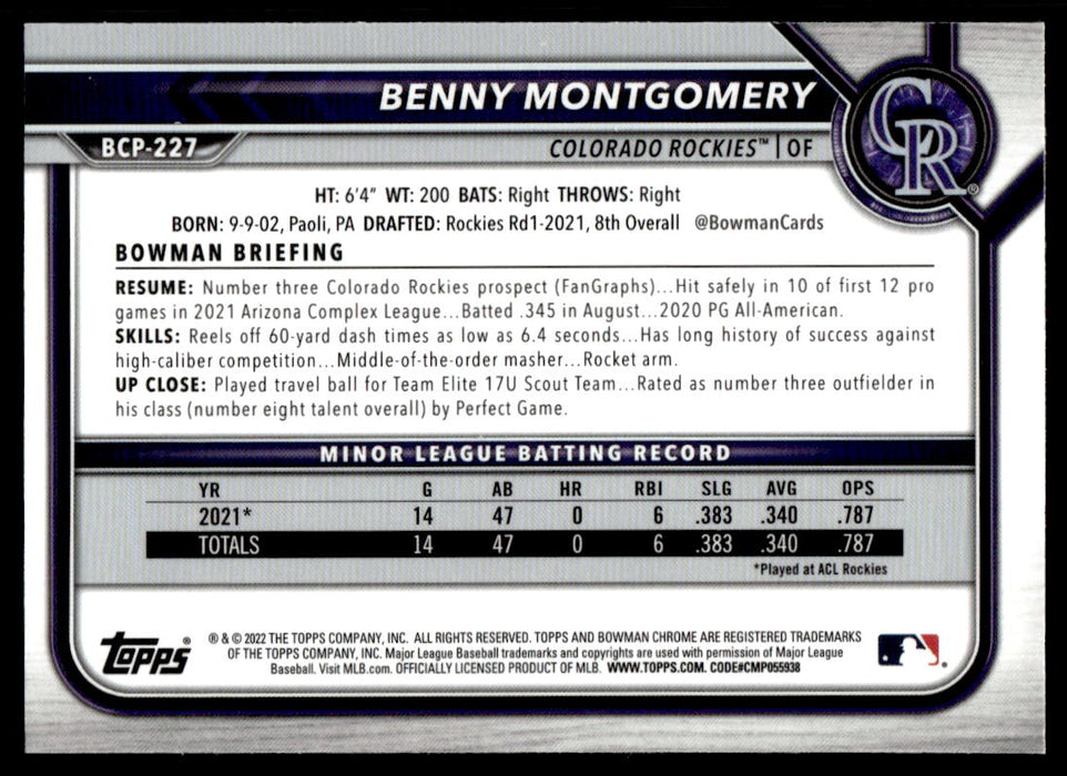 Benny Montgomery 2022 Bowman Chrome Prospects Mega Box Back of Card