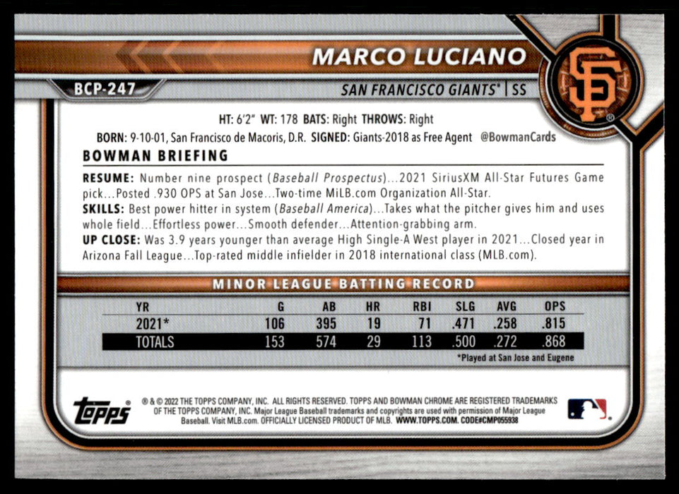 Marco Luciano 2022 Bowman Chrome # BCP-247 Prospects Mega Box San Fran —  Collectible Craze America