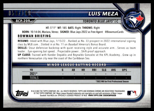 Luis Meza 2022 Bowman Chrome Prospects Mega Box Pink Back of Card