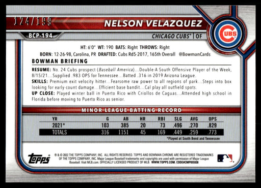 Nelson Velazquez 2022 Bowman Chrome Prospects Mega Box Pink Back of Card