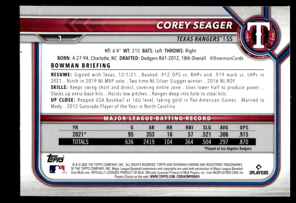 Corey Seager 2022 Bowman Chrome Base Back of Card