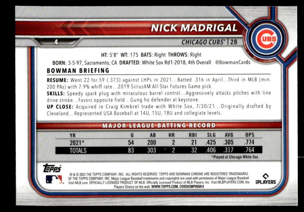 Nick Madrigal 2022 Bowman Chrome Base Back of Card