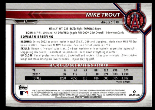 Mike Trout 2022 Bowman Chrome Base Back of Card