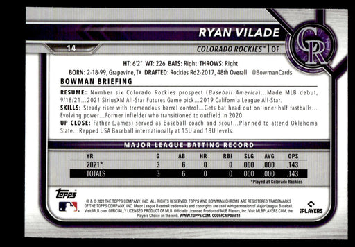 Ryan Vilade 2022 Bowman Chrome Base Back of Card