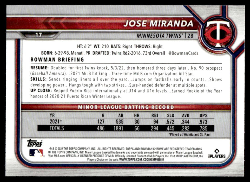 Jose Miranda 2022 Bowman Chrome Base Back of Card