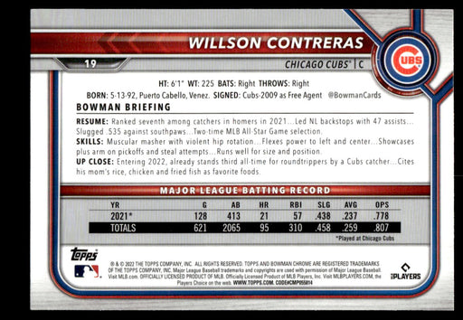 Willson Contreras 2022 Bowman Chrome Base Back of Card