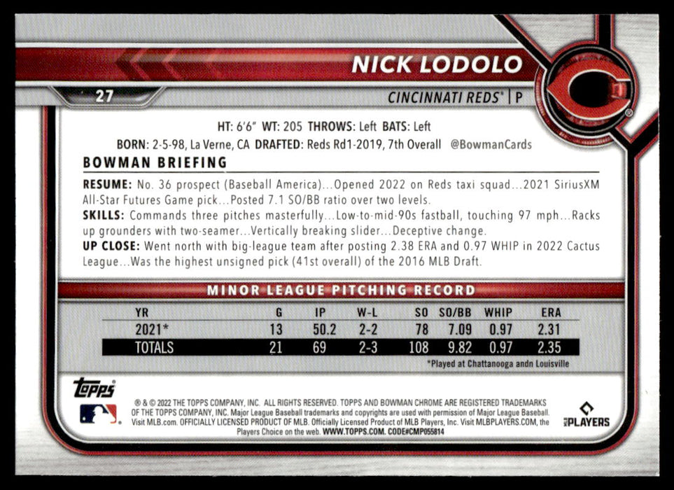 Nick Lodolo 2022 Bowman Chrome Base Back of Card