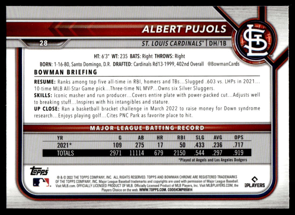 Albert Pujols 2022 Bowman Chrome Base Back of Card